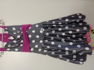 Adult Female Costumes to Hire - Black Polka Dot dress with pink detail